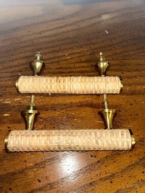 Woven Rattan Drawer Pulls with Brass Hardware - Set of 2